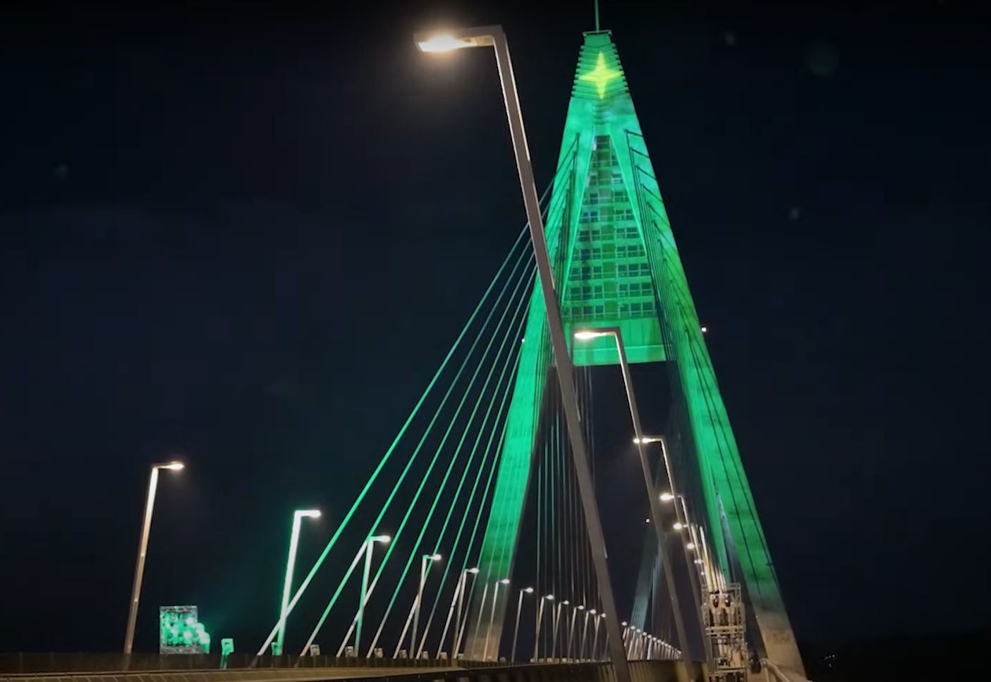 Megyeri Bridge Near Budapest Illuminated as Christmas Tree
