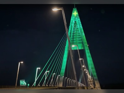 Megyeri Bridge Near Budapest Illuminated as Christmas Tree
